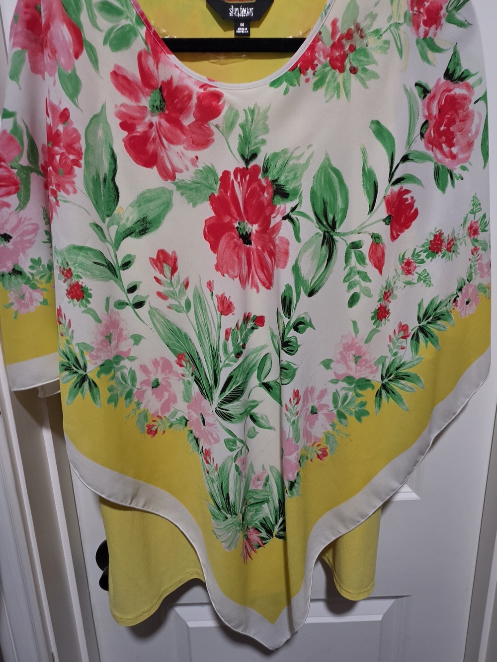 Investments Yellow Floral Poncho Top with Pink & Green Print - Picture 7 of 8